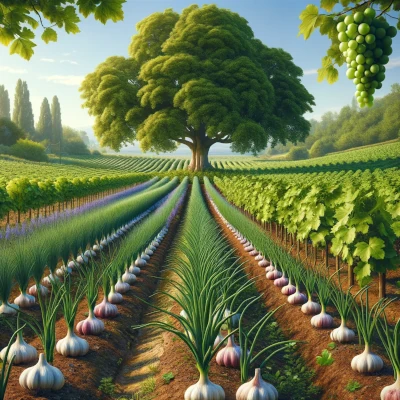 culture de la vigne de l'ail et d'un hêtre